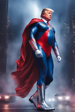 Donald Trump as 'Maga Man,' Extremely Muscular, Skintight, formfitting, red, white-and-blue bodysuit, blue cape, silver boots, Multicolored vortex, neon lit futuristic cityscape, mist, fog, speed, extremely overexaggerated musculature, "MAGA MAN"