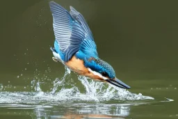 A beautiful kingfisher diving into the water. Highly detailed, smooth colours, realistic landscape