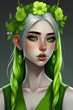 elf girl with lime green hair in a high PONYTAIL with flowers and gray eyes