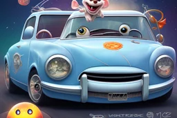 whimsical cartoon car with big eyes and its front grill forming a friendly smile, with a mouse character riding on it.