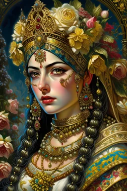 Beautiful facee Iranian Princess front wiev portrait, adorned with giant Jasmine, and lily flower ,roses , golden pearls , zafir gemstone headress, wearing floral, lace, pearls, zafirs ornate Iranian costume, organic bio spinal ribbed detail of Iranian style full jasmin and rose and persian garden background by the moonlight extremely detailed hyperrealistic maximalist portrait art