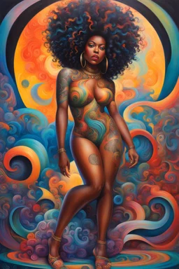 Create a futurism oil painting image of a curvy black female and tattoo on her legs while she bends down holding her large colorful mane of curly large afro. Prominent makeup with lush lashes. Her hair is highly detailed,her hair covers her body and all her curls are colorful. She wears no shoes and her skin glows
