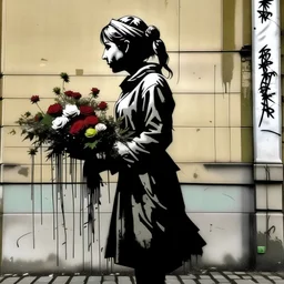 a woman in love, she looks up and has good posture, flowers, style of banksy