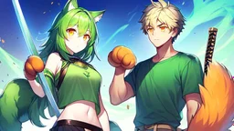 Girl, 2boy ,wolf muzzle, long green hair, green wolf ears,2 wolf tail, open navel, short blue shirt,animal tail, animal paws, wolf paws hand, orange eyes, sword.