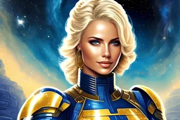 Belle femme soldat, galactique, souriante, cheveux blonds, habit couleur bleu et or