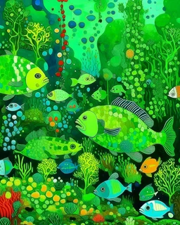 A lime green underwater reef with poisonous fish painted by Gustav Klimt