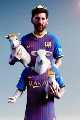 messi as king with wearing crown and king stuffs and clothes and holding a little white goat on his hand ,hyperrealistic,8k,detailed,rendered