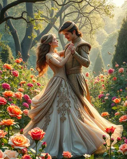 Beautiful Princess Romantic dancing salsa with handsome prince in Wild garden, flower beds, fractal ornamentation, over detailed, gloriously full and confusing, nothing that really exists, everything made up, fantasy world, sweet briar, photography graphic art, song birds, ochre rose, rose buds, dewy morning, forest of oaks,