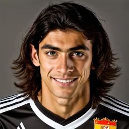 85mm DSLR color photography of a very detailed headshot fitting all of head and hair in frame. 19-year-old Spanish soccer player, and with no facial hair and has no facial hair, has medium length straight black hair with a small smile, grey background