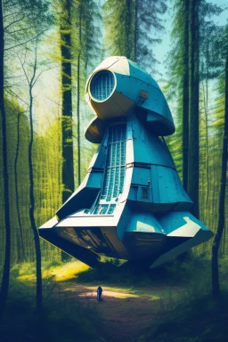 spaceship in a woodland clearing, next to a lake, with a woman kneeling under it, repairing it, blue sky