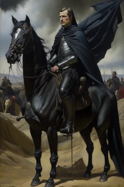 Oil painting of a very handsome king dressed in black in full on a black horse standing in the middle of a battlefield Photorealistic