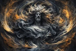 A captivating digital art piece portraying an abstract and mysterious Zeus, using dark hues and fluid shapes to convey the divine presence, (captivating digital art:1.4), (abstract and mysterious Zeus:1.5), (dark hues and fluid shapes:1.3), (expressive and divine ambiance:1.2), influenced by abstract interpretations of classical mythology and the enigmatic nature of the divine, trending on CGSociety, Intricate, Sharp focus, atmospheric lighting, (captivating:1.4), (godly ambiance:1.5)