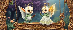sacred geometry embroidered patterns, two totally symmetric fluffy angel robot gremlin slug nice cheerleader singing on ornate carved magical sceptre bridge in garden , full body portrait strong aura, oil painting and air brush, in swing net