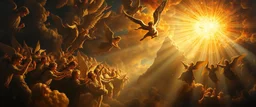 master oil painting by Rembrandt,100 million angels singing, display of god rays over blessed earth