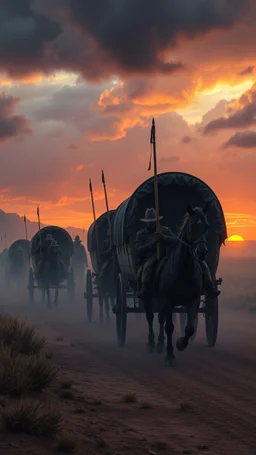 Bosch painting style nightmare , 3D ,a group of cowboys wagons pulled by horse guarded by strong soldiers with sticks dramatic misty scene of the sunset time in a stormy weather in the desert background, high Quality picture , 8k