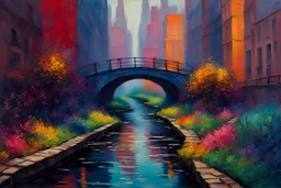 painting of a cyberpunk colourful natural walkway in the city with pollution and a creek by monet