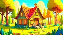 Cartoon style: at the end of the forest there is a meadow and a small wooden house
