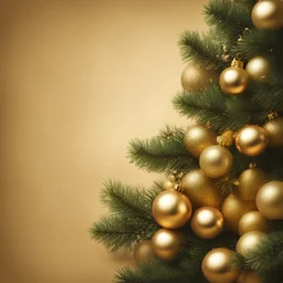 a branch of a Christmas tree on a golden background with golden Christmas toys