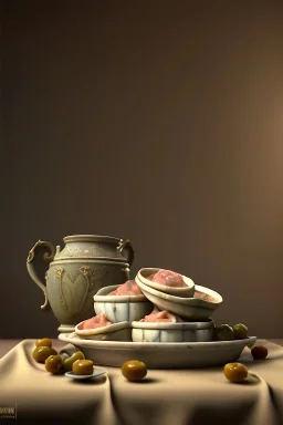 renaissance style still life composite, dish of Raviolis with cow meat, vine cup, olive oil. moisture, art, natural, ornaments, ceramic, marble, high kitchen, smooth, god rays, unreal engine 5, ray tracing, RTX, lumen lighting, ultra detail, volumetric lighting, 3d.