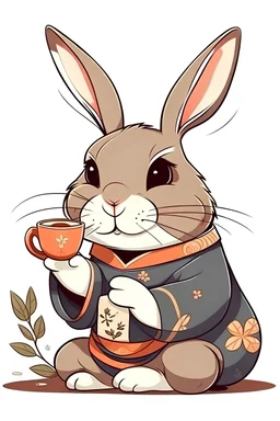 a humain rabbit in japanese style drinking a coffee