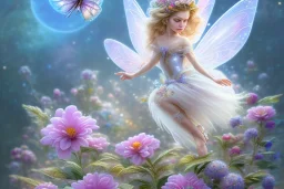 one very little beautiful fairy above one big crystal subtle flower in a galactic ambiance, transparent petals, delicate colors, in the foreground, full of details, smooth, bright sunshine,soft light atmosphere, light effect,vaporwave colorful, concept art, smooth, extremely sharp detail, finely tuned detail, ultra high definition, 8 k, unreal engine 5, ultra sharp focus