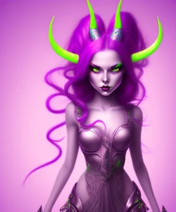 cute purple haired devil girl with bright green eyes and horns on her head wearing a purple/pink dress