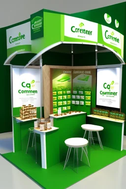 Corner green exhibition stand of a food company with product displays and a meeting area