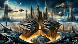 a stunningly weird image of a futuristic metropolis using Salvador Dali's paranoiac-critical method, where buildings and structures appear to melt into the skyline cityscape is filled with floating mad, twisted sharp metal shapes that interact with the buildings and each other, forming a surreal tableau of a dreamlike reality. neu-steampunk vibe, essence of the scene in a cinematic manner, with dramatic shadows that enhance the distorted perspectives and bizarre