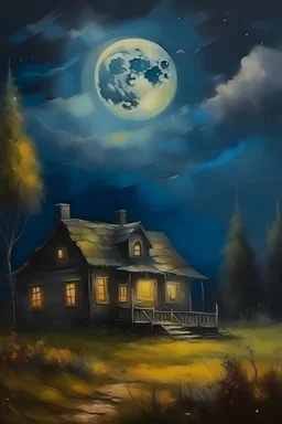Oil Painting. Night landscape with a house on a moonlit night. Vintage house. Moody dark landscape. Country Houses