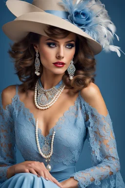 full body beautiful girl, elegant blue lace clothes of the 80s, luxury style, small elegant hat with feather, hair of the 80s, pearl necklace, earrings masterful, beautiful face