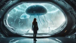 woman standing inside the interior of an alien spaceship, with a large window, with jellyfish outside