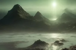 Cthulhu rising, dark, ocean, mist, mountains in background