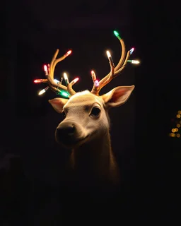 Beautiful creature Reindeer, has Christmas lights on his antlers. Unique cute creature style ,Full body. Inside the dark room background