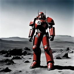 [high res photo by helmut newton] In the vast cosmic expanse, a lone Red Space Marine stands firm in gleaming power armor, a solitary sentinel ready for interstellar duty. Prepared for shipboard security and combat in the depths of space, this warrior embodies the fusion of futuristic technology and ancient warrior spirit. In a cosmic tableau of visionary artistry, the Red Space Marine symbolizes strength and determination in the endless expanse of the universe.