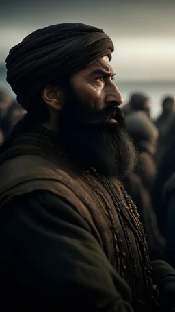 A large Muslim commander in his forties with his back to the camera, neat black beard, square face, addressing his soldiers near the seashore, burning ships, light clothes, war clothes, 11th century, great focus, great features, macro photography, best quality, High quality, high detail, 16k, HD, 1080p, high quality, detailed texture, crazy details, ultra high resolution picture quality.