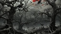 Birds and trees in alternative surreal barren, dry, gloomy world, nightmare in abyss, deep vortex, ,noir, surreal, dark mood, weird dark fantasy, deep dark colors, sharp lines, crepy stunning, high detalied, weird, fog, shadows, realistic, surreal, highly detailed, melancholic thriller mood