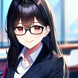 Clear focus, 8k, high quality, detailed, beautiful lighting, girl, vibrant colors, black hair, vibrant red eyes, office clothes, black glasses, smile