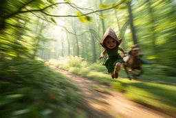 motion blur fast running caped pixie Quickling - Forgotten Realms along winding branches in lush green forest along speeding horses , bokeh like f/0.8, tilt-shift lens 8k, high detail, smooth render, down-light, unreal engine, prize winning