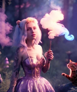 Ultra realistic wonderland photo, happy blonde woman smoking a shisha, blue dress, purple-cat friend, circus dress style, old school tattoo, smoke, marijuana garden, glow eyes, perfect iris, soft color, highly detailed, unreal engine 5, cinematic, ultra detail, volumetric lighting, high definition.