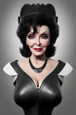 Joan Collins as evil queen in black leather, leather, busty, cleavage, angry, stern look. character design by cory loftis, fenghua zhong, ryohei hase, ismail inceoglu and ruan jia. unreal engine 5, artistic lighting, highly detailed, photorealistic, fantasy