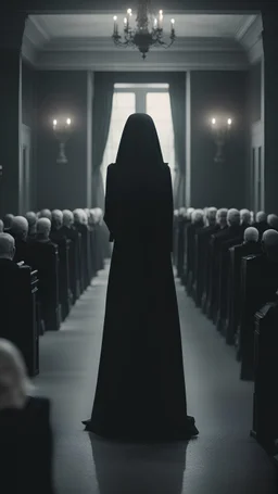 A woman stands at a funeral. Horror movie style