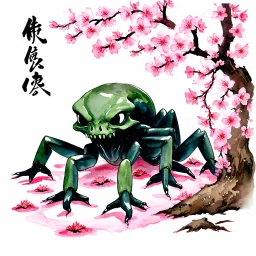 Create a watercolor-inspired Japanese silk painting. The main subject is an grotesque Lovecraftian amphibeous six legged monster skulking ominously in a serene zen garden. The garden is ablaze with the delicate pink color of cherry blossoms in the spring, offering a natural and vibrant contrast. Overlaid on this beautiful scene is vertical Japanese calligraphy, adding an artistic and cultural flair. The composition is dynamic, with the horrible Lovecraftian monstrosity juxtaposed against the gar