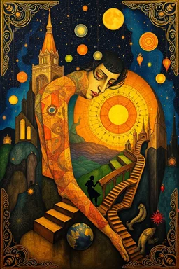 Geomancer Muse; Surrealistic painting inspired by Klimt and Hundertwasser; Golden Hour; Exquisitely Detailed