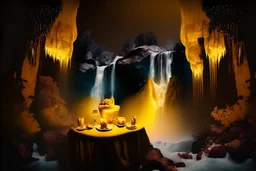 ochre caricarure of dinner in candlelight, double exposure waterfall landscape at night