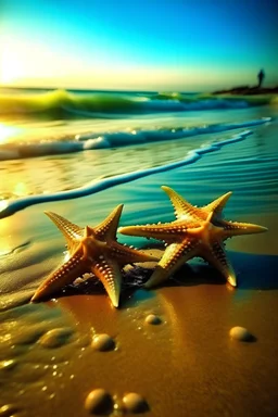 starfishes mysteriously changed by radioactivity in beaches in dynamic versions fantasy style photo