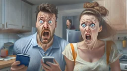 photorealistic man with woman at kitchen on cellphone upset with NO FLY list looming