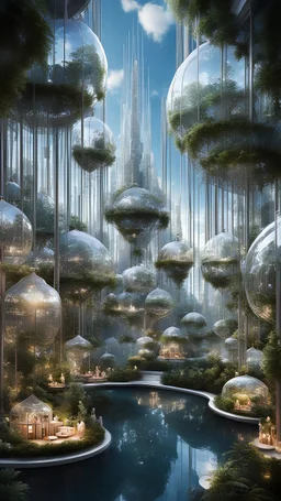 a visually stunning city suspended in the sky, with crystal gardens hanging between floating structures. Highlight the intricate details of the crystal gardens, creating a dreamlike and fantastical atmosphere