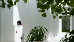 Woman in the foreground dressed in white in a bright white minimalist interior courtyard where the murmur of water whispers and the shadows of some leaves of nearby plants sway