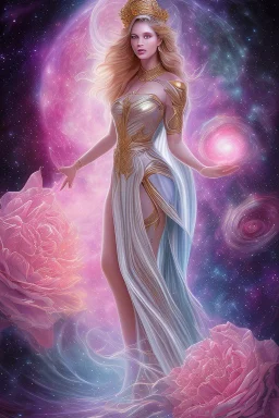 Create an image of a full body cosmic Goddess. The goddess should be depicted as a beautiful and powerful figure, surrounded by cosmic stars. Her hair should be long, blond and flowing, and she should be dressed in a flowing gown blue celestial robe. In the background, include imagery of pink flowers, blue sky,trees. The image should evoke a sense of joy, celebration, and spiritual connection to nature.