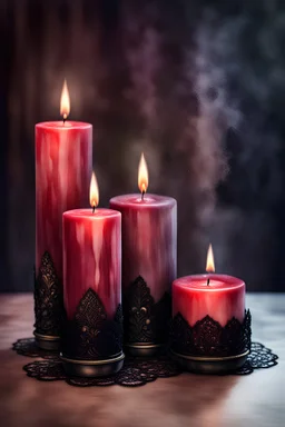 watercolor three burgundy vintage candles with black lace, Trending on Artstation, {creative commons}, fanart, AIart, {Woolitize}, by Charlie Bowater, Illustration, Color Grading, Filmic, Nikon D750, Brenizer Method, Side-View, Perspective, Depth of Field, Field of View, F/2.8, Lens Flare, Tonal Colors, 8K, Full-HD, ProPhoto RGB, Perfectionism, Rim Lighting, Natural Lighting, Soft Lighting, Accent Ligh